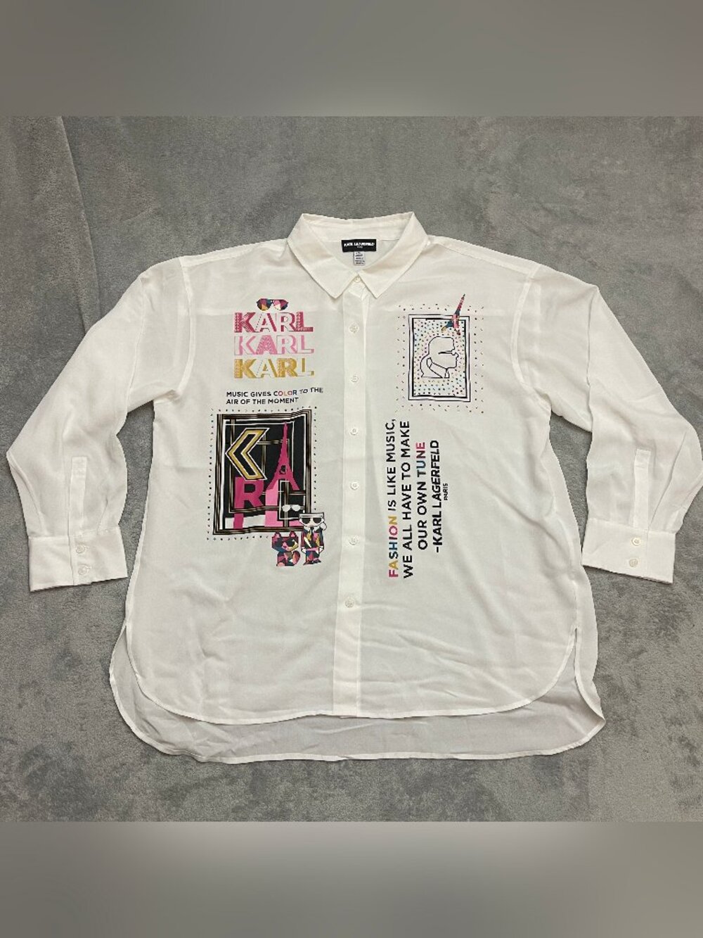 Karl Lagerfeld Women’s Size XL Long Sleeved Button Shirt White Graphics Paris